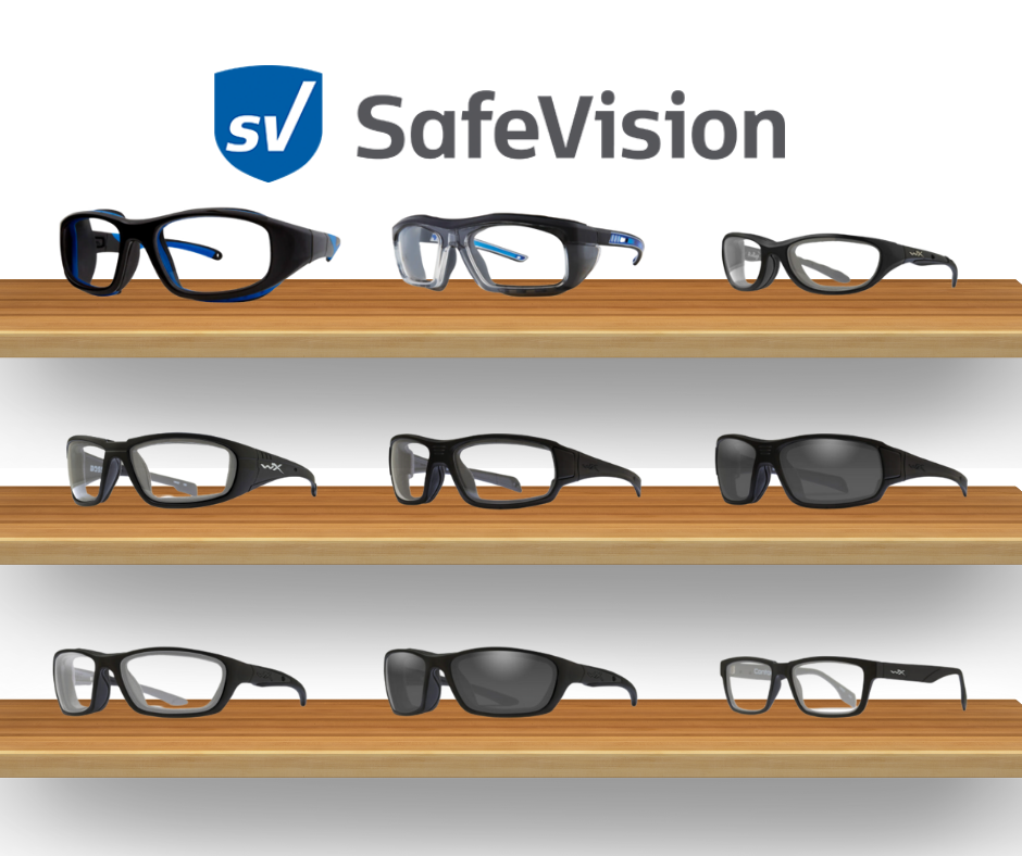 shelf showcasing safety glasses
